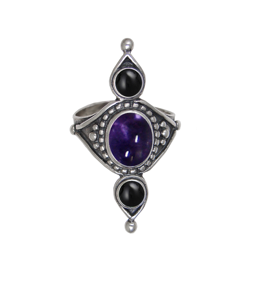 Sterling Silver Royal Ring With Iolite And Black Onyx Size 12